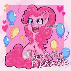 Size: 2066x2066 | Tagged: safe, artist:stormagedoom, imported from derpibooru, pinkie pie, earth pony, pony, balloon, female, happy birthday, heart, high res, mare, open mouth, open smile, passepartout, sitting, smiling, solo, stars