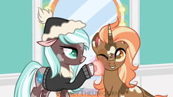 Size: 1280x720 | Tagged: safe, artist:emilytheunicorn, imported from derpibooru, oc, oc:spotty lionmane, oc:winter mint, cow, cow pony, unicorn, clothes, cousins, eyelashes, floppy ears, indoors, leonine tail, makeup, mirror, smiling, spots, tail, two toned mane, two toned tail, watermark, winter outfit