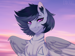 Size: 2160x1620 | Tagged: safe, artist:enderbee, imported from derpibooru, oc, oc only, oc:engel, pegasus, pony, blue hair, bust, female, folded wings, mare, portrait, short hair, simple background, smiling, solo, wings