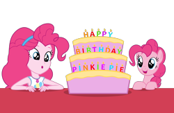 Size: 2300x1500 | Tagged: safe, artist:lightning_musicwave, imported from derpibooru, pinkie pie, earth pony, human, pony, equestria girls, birthday, cake, clothes, cute, female, food, mare, self paradox, self ponidox, simple background, transparent background