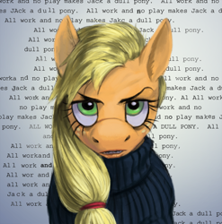 Size: 1260x1275 | Tagged: safe, artist:corevaluesart, imported from derpibooru, applejack, earth pony, pony, all work and no play makes jack a dull boy, clothes, female, jack torrance, kubrick stare, solo, text, the shining, turtleneck