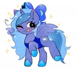Size: 2392x2196 | Tagged: safe, artist:arwencuack, imported from derpibooru, princess luna, alicorn, pony, :p, alternate cutie mark, blushing, cute, female, heart, heart eyes, high res, looking at you, lunabetes, mare, one eye closed, raised hoof, raised leg, simple background, smiling, smiling at you, solo, sparkles, spread wings, tongue out, white background, wingding eyes, wings, wink, winking at you