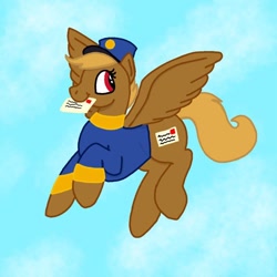 Size: 750x750 | Tagged: safe, artist:honeydonkey777, imported from derpibooru, pegasus, pony, blue background, clothes, female, flying, hat, letter, mare, mouth hold, red eyes, simple background, solo, spread wings, swift reply, uniform, wings