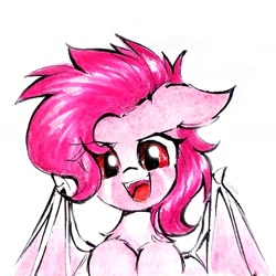 Size: 1638x1639 | Tagged: safe, artist:liaaqila, imported from derpibooru, pinkie pie, bat pony, pony, bat ponified, bat wings, commission, fangs, female, looking at you, mare, open mouth, open smile, pinkiebat, race swap, red eyes, signature, simple background, smiling, solo, traditional art, white background, wings