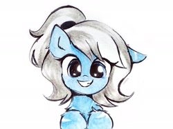 Size: 1891x1418 | Tagged: safe, artist:liaaqila, imported from derpibooru, oc, oc only, pony, female, grin, looking at you, mare, one ear down, signature, simple background, smiling, smiling at you, solo, traditional art, white background