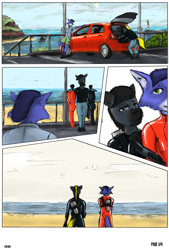 Size: 1300x1920 | Tagged: safe, artist:ewe164, imported from derpibooru, part of a set, oc, oc only, oc:shadow whip, anthro, fox, pegasus, comic:watery dive, beach, car, clothes, dive mask, diving suit, duo, duo male, fetish, flippers (gear), furry, furry oc, goggles, latex, latex suit, male, ocean, scuba diving, scuba gear, water, wingless, wingless anthro