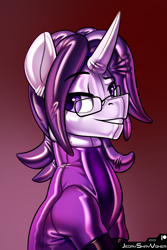 Size: 2000x3000 | Tagged: safe, artist:jedayskayvoker, imported from derpibooru, oc, oc:bass canon, pony, unicorn, bust, clothes, glasses, gradient background, icon, latex, latex socks, latex suit, looking at you, male, portrait, rubber, rubber suit, shiny, smiling, smiling at you, socks, solo, stallion