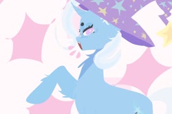 Size: 930x618 | Tagged: safe, artist:stanleyiffer, imported from derpibooru, trixie, pony, unicorn, fluffy, hat, open mouth, raised hoof, solo, starry eyes, wingding eyes