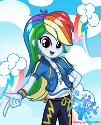 Size: 1080x1335 | Tagged: safe, alternate version, artist:rjp.rammy, imported from derpibooru, rainbow dash, human, equestria girls, equestria girls series, belly button, blushing, clothes, cutie mark on clothes, female, hand on hip, hoodie, looking at you, open mouth, open smile, signature, smiling, smiling at you, solo