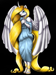 Size: 1327x1770 | Tagged: safe, artist:maneiacmayhem, imported from derpibooru, oc, oc only, oc:white hope, alicorn, anthro, plantigrade anthro, alicorn oc, anthro oc, black background, blonde, blue eyes, clothes, commission, dress, female, horn, mare, sandals, simple background, solo, wings