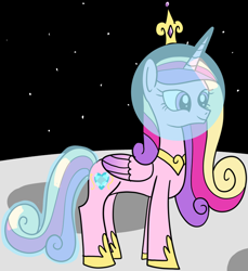 Size: 1184x1291 | Tagged: safe, artist:platinumdrop, imported from derpibooru, princess cadance, alicorn, pony, cadance's crown on top of helmet, cropped, crown, female, folded wings, hoof shoes, jewelry, mare, moon, regalia, solo, space helmet, tail helmet, tiara, wings