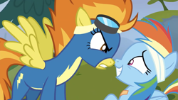 Size: 2001x1125 | Tagged: safe, imported from derpibooru, screencap, rainbow dash, spitfire, pegasus, pony, newbie dash, angry, bandage, clothes, face to face, female, goggles, looking at each other, looking at someone, mare, smiling, uniform, wonderbolts, wonderbolts uniform