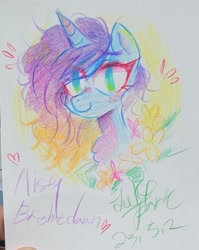 Size: 1283x1615 | Tagged: safe, artist:jully-park, imported from derpibooru, pony, unicorn, alternate hair color, alternate hairstyle, blushing, colored pencil drawing, female, freckles, g5, mare, misty brightdawn, solo, traditional art