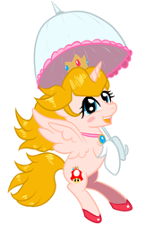Size: 1500x2300 | Tagged: safe, artist:flutterblaze, imported from derpibooru, alicorn, pony, clothes, crown, fanart, female, g4, gloves, hoof gloves, jewelry, parasol (umbrella), ponified, princess peach, regalia, simple background, solo, super mario bros., umbrella, vector, white background