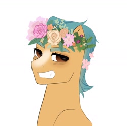 Size: 1616x1602 | Tagged: safe, artist:aztrial, imported from derpibooru, hitch trailblazer, earth pony, pony, floral head wreath, flower, g5, simple background, white background, wrinkles