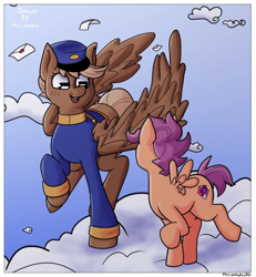 Size: 1080x1169 | Tagged: safe, artist:theunholydika, imported from derpibooru, scootaloo, pegasus, pony, clothes, cloud, duo, female, filly, foal, hat, letter, mare, rectangular pupil, signature, sky background, spread wings, swift reply, trotting, uniform, vulgar description, wings