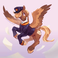 Size: 1080x1080 | Tagged: safe, artist:regularcitrus, imported from derpibooru, pegasus, pony, blonde, clothes, female, flying, hat, letter, mare, mouth hold, red eyes, signature, simple background, spread wings, swift reply, uniform, wings