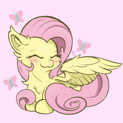 Size: 800x800 | Tagged: safe, artist:starcasteclipse, imported from derpibooru, fluttershy, pegasus, pony, :3, behaving like a bird, blushing, cheek fluff, chest fluff, cute, daaaaaaaaaaaw, ear fluff, eyes closed, female, happy, lying down, mare, pink background, shyabetes, signature, simple background, smiling, solo, wing fluff, wings