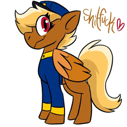 Size: 1000x1000 | Tagged: safe, artist:pandaragons, imported from derpibooru, pegasus, pony, blonde, clothes, female, folded wings, forced meme, hat, heart, mare, red eyes, shitfuck meme, simple background, smiling, solo, swift reply, text, uniform, vulgar, white background, wings