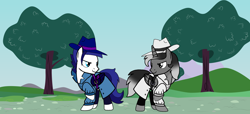 Size: 10456x4777 | Tagged: safe, artist:noi kincade, artist:rumblemlpatarster, imported from derpibooru, oc, oc only, oc:aldrin, oc:jvla, alicorn, pegasus, background, clothes, detective, duo, duo male, male, tree