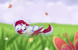 Size: 2500x1618 | Tagged: safe, artist:fluffywhirlpool, imported from derpibooru, oc, oc only, oc:red wine, butterfly, pegasus, pony, colored wings, cute, digital art, floppy ears, pegasus oc, solo, tail, two toned hair, two toned mane, two toned tail, two toned wings, wings