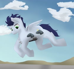 Size: 4045x3792 | Tagged: safe, artist:stemtex477, artist:yo tengo, imported from derpibooru, soarin', pegasus, pony, anatomically incorrect, chest fluff, flying, incorrect leg anatomy, male, small wings, solo, wings