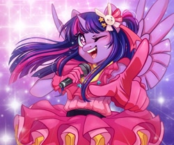 Size: 3597x2998 | Tagged: safe, artist:melodylibris, imported from derpibooru, twilight sparkle, alicorn, anthro, ai hoshino, blushing, clothes, dress, female, gloves, high res, looking at you, mare, microphone, one eye closed, open mouth, open smile, oshi no ko, pointing at you, smiling, smiling at you, solo, sparkles, spread wings, twilight sparkle (alicorn), wings, wink, winking at you