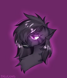 Size: 1839x2160 | Tagged: safe, artist:delicious, imported from derpibooru, oc, oc only, oc:mathithiia, zebra, fallout equestria, angry, chest fluff, necromancer, purple background, purple eyes, simple background, solo