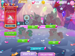 Size: 2048x1536 | Tagged: safe, imported from derpibooru, honeysuckle, seashell (g1), snuzzle, earth pony, flutter pony, pony, bow, coin, collection, costs real money, english, female, forget-me-not, g1, gameloft, gem, group, mare, mobile game, my little pony: magic princess, numbers, official, starshine (g1), tail, tail bow, text, timer, wings