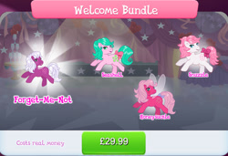 Size: 1266x864 | Tagged: safe, imported from derpibooru, honeysuckle, seashell (g1), snuzzle, earth pony, flutter pony, pony, bow, coin, collection, costs real money, english, female, forget-me-not, g1, gameloft, gem, group, mare, mobile game, my little pony: magic princess, numbers, official, tail, tail bow, text, timer, wings