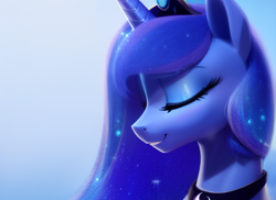 Size: 768x558 | Tagged: safe, imported from derpibooru, princess luna, alicorn, pony, ai content, ai generated, eyes closed, generator:stable diffusion, princess of the night, prompter:teonanakatle, royalty, smiling, solo