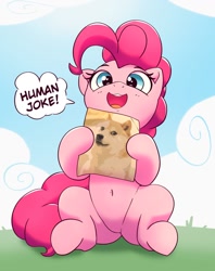Size: 951x1200 | Tagged: safe, artist:pabbley, imported from derpibooru, pinkie pie, dog, earth pony, pony, shiba inu, belly button, cute, diapinkes, doge, female, hoof hold, looking at you, mare, meme, open mouth, open smile, sitting, smiling, smiling at you, solo, speech bubble, talking to viewer