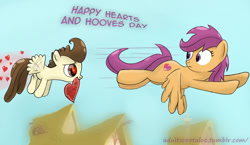 Size: 1200x697 | Tagged: safe, artist:redheadfly, imported from derpibooru, pound cake, scootaloo, age difference, crack shipping, cute, cutie mark, female, flying, heart, heart eyes, hearts and hooves day, male, older, scootaloo can fly, scootapound, shipping, solo, straight, the cmc's cutie marks, tumblr:ask-adultscootaloo, valentine's day, wingding eyes