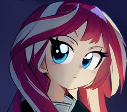 Size: 576x512 | Tagged: safe, editor:luckreza8, imported from derpibooru, sunset shimmer, human, equestria girls, :i, ai content, ai generated, anime, generator:pinegraph, simple background, solo