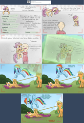 Size: 2002x2907 | Tagged: safe, artist:redheadfly, imported from derpibooru, applejack, rainbow dash, scootaloo, human, pony, older, tumblr:ask-adultscootaloo