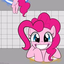 Size: 3000x3000 | Tagged: safe, alternate version, artist:bestponies, edit, imported from derpibooru, pinkie pie, earth pony, pony, cute, female, grin, looking at you, mare, now you're thinking with portals, portal, portal (valve), smiling, solo