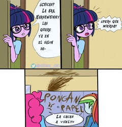 Size: 1920x2000 | Tagged: safe, artist:glim_gg, imported from derpibooru, pinkie pie, rainbow dash, sci-twi, twilight sparkle, human, equestria girls, bathroom, bathroom stall, canterlot high, clothes, comic, glasses, misspelling, poop, smear, spanish, translated in the comments, vulgar, writing