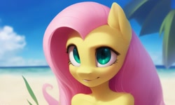 Size: 1280x768 | Tagged: safe, generator:ponydiffusion, imported from derpibooru, fluttershy, anthro, ai content, ai generated, bare shoulder portrait, bare shoulders, beach, bust, generator:purplesmart.ai, generator:stable diffusion, green eyes, looking at you, ocean, portrait, solo, upper body, water