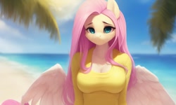 Size: 1280x768 | Tagged: safe, generator:ponydiffusion, imported from derpibooru, fluttershy, anthro, ai content, ai generated, beach, clothes, female, generator:purplesmart.ai, generator:stable diffusion, green eyes, looking at you, ocean, sad, solo, spread wings, water, wings