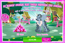Size: 1955x1301 | Tagged: safe, imported from derpibooru, queen parabola, alicorn, zebra, zebra alicorn, advertisement, costs real money, ear piercing, earring, english, female, gameloft, gem, horn, horn ring, jewelry, mare, mobile game, my little pony: magic princess, necklace, numbers, official, piercing, ring, sale, solo, spread wings, text, wings