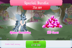 Size: 1268x858 | Tagged: safe, imported from derpibooru, queen parabola, alicorn, zebra, zebra alicorn, bundle, costs real money, ear piercing, earring, english, female, gameloft, gem, horn, horn ring, jewelry, mare, mobile game, my little pony: magic princess, necklace, numbers, official, piercing, ring, sale, solo, spread wings, text, wings