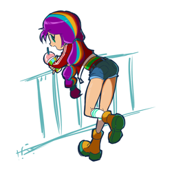 Size: 1500x1500 | Tagged: safe, artist:rvceric, imported from derpibooru, sunny starscout, human, equestria girls, ass, butt, clothes, cute, equestria girls-ified, female, g5, g5 to equestria girls, generation leap, leaning, leaning forward, looking at you, looking back, looking back at you, railing, shorts, simple background, smoothie, solo, sunny starbutt, sunnybetes, white background