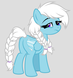 Size: 1919x2048 | Tagged: safe, artist:feather_bloom, imported from derpibooru, oc, oc only, oc:feather_bloom, pony, braid, braided pigtails, braided tail, butt, gray background, messy mane, morning, pigtails, simple background, sleepy, solo, tail, tired