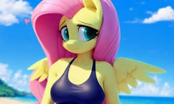 Size: 1280x768 | Tagged: safe, generator:ponydiffusion, imported from derpibooru, fluttershy, anthro, ai content, ai generated, beach, clothes, female, generator:purplesmart.ai, generator:stable diffusion, green eyes, looking to the right, ocean, solo, spread wings, swimsuit, water, wings, worried