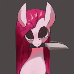 Size: 1280x1280 | Tagged: safe, artist:metaruscarlet, imported from derpibooru, pinkie pie, earth pony, pony, cute, cuteamena, female, knife, mouth hold, pinkamena diane pie, simple background, solo