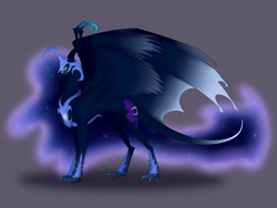 Size: 8000x6000 | Tagged: safe, artist:laisnicizak, imported from derpibooru, nightmare moon, princess luna, alicorn, dracony, dragon, hybrid, pony, absurd resolution, blue eyes, blue mane, blue tail, claws, curved horn, digital art, dracony alicorn, dragon wings, dragonified, ethereal mane, ethereal tail, fangs, feather, female, flowing mane, flowing tail, glowing, glowing eyes, gray background, helmet, high res, hoof shoes, horn, hybrid wings, lidded eyes, lunadragon, mare, peytral, simple background, smiling, solo, species swap, spread wings, starry mane, starry tail, tail, wings