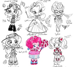 Size: 1080x982 | Tagged: safe, artist:amy mebberson, imported from twibooru, bon bon, fluttershy, pinkie pie, rarity, spitfire, sweetie drops, equestria girls, blouse, candy, clothes, concept art, cupcake, doll, dress, equestria girls minis, flag, food, glasses, image, jacket, jewelry, lipstick, lollipop, needs more jpeg, official, panama hat, ponied up, sketch, tiara, toy, vest, walkie talkie, wings