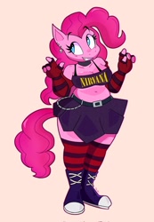 Size: 1418x2048 | Tagged: safe, artist:tysobro, imported from derpibooru, pinkie pie, anthro, earth pony, plantigrade anthro, belt, chubby, clothes, ear piercing, midriff, piercing, plump, punk, simple background, skirt, smiling, socks, solo, striped socks, tail