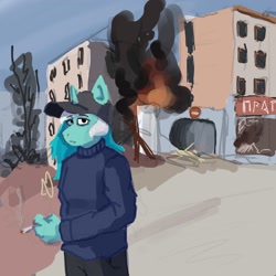 Size: 2048x2048 | Tagged: safe, artist:ploskostnost, imported from derpibooru, lyra heartstrings, anthro, unicorn, cap, cigarette, city, clothes, fire, hat, solo, sweater