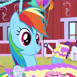 Size: 300x300 | Tagged: safe, imported from twibooru, screencap, rainbow dash, rarity, pegasus, pony, unicorn, party of one, balloon, cake, dessert, eating, food, happy, image, needs more jpeg, smiling
